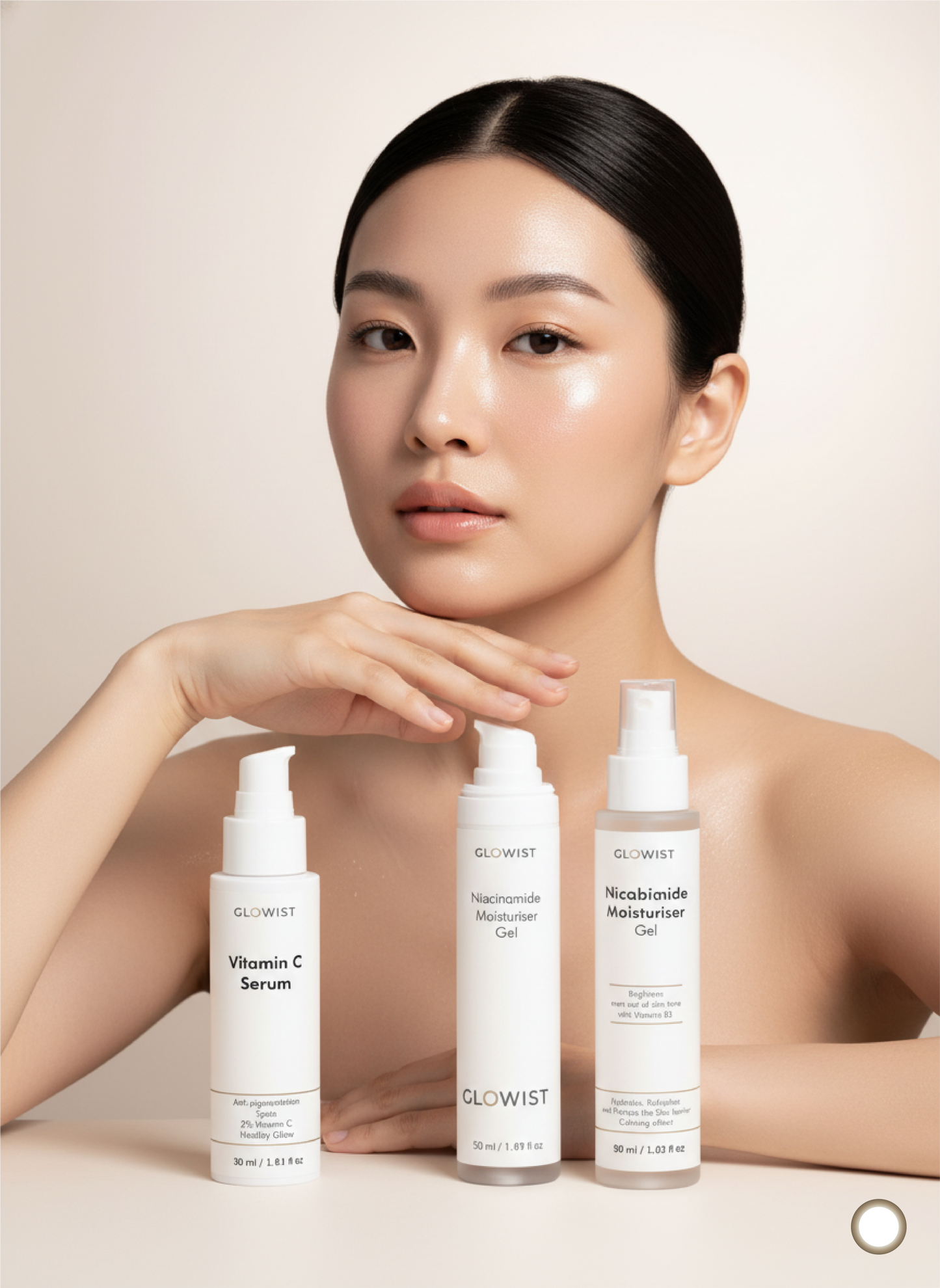 Woman with glowing skin holding skincare products on a beige background