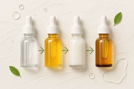Four dropper serum bottles in sequence with arrows, clear, golden, white, and amber liquids on beige background