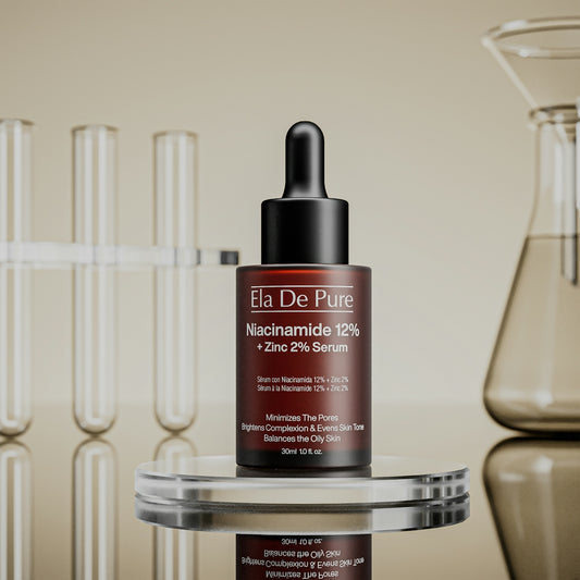 Niacinamide serum bottle with lab equipment