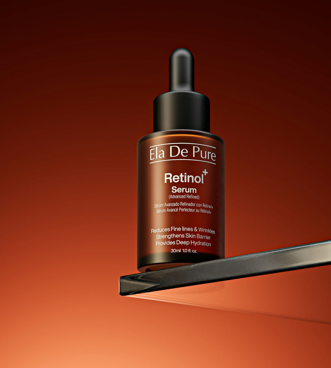 Brown glass bottle of retinol serum on shelf