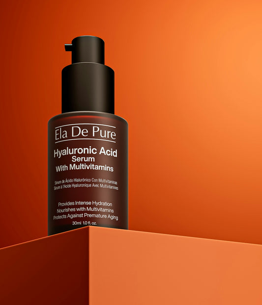 Bottle of hyaluronic acid serum with multivitamins