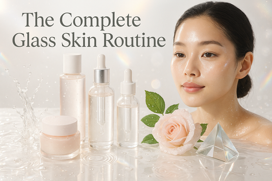 Glowing woman with glass skin surrounded by skincare products, rose, and water splashes